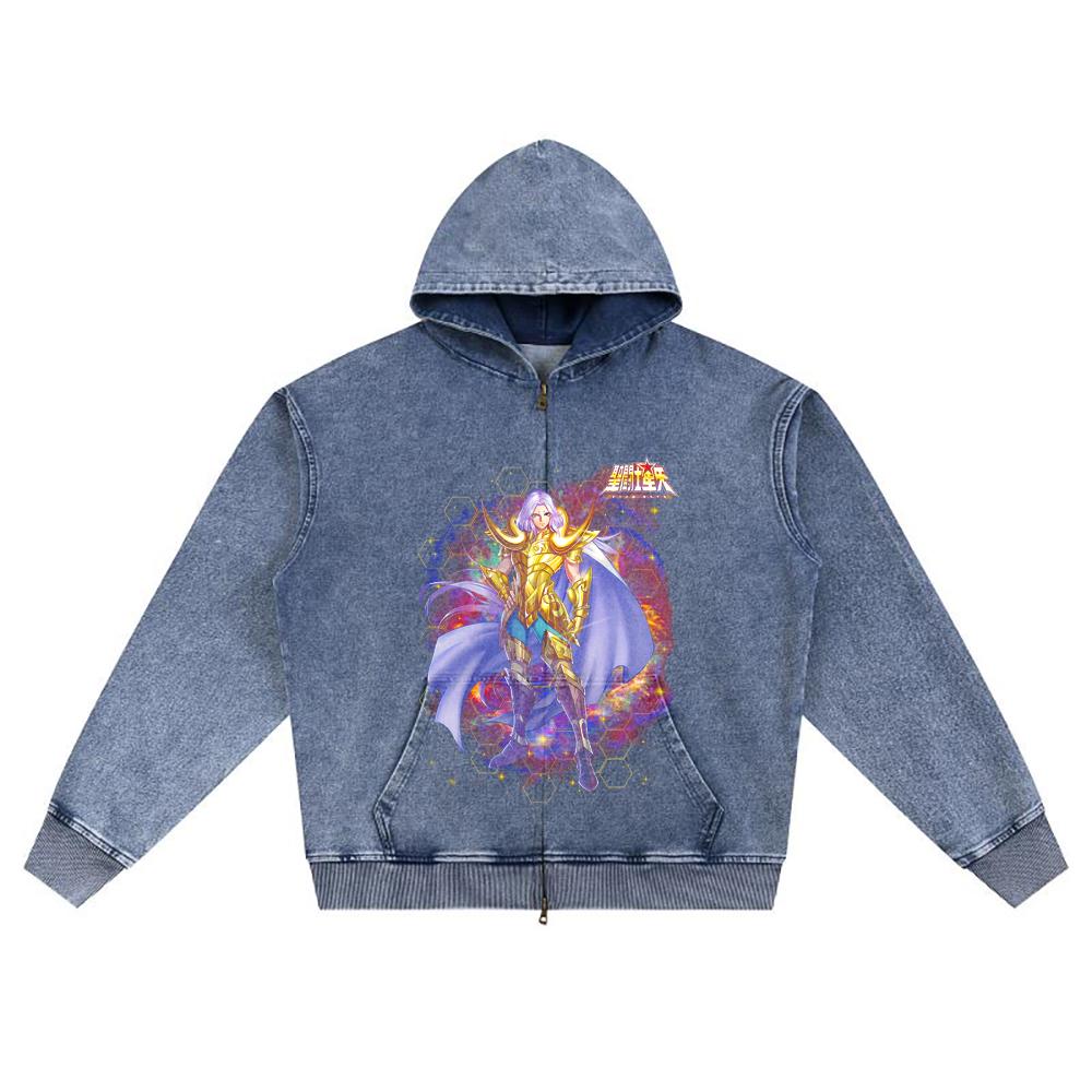 DTG print Knitted Denim Zip-Up Hoodie Caballero Dorado de Aries Brother Print Zipper Hoodies