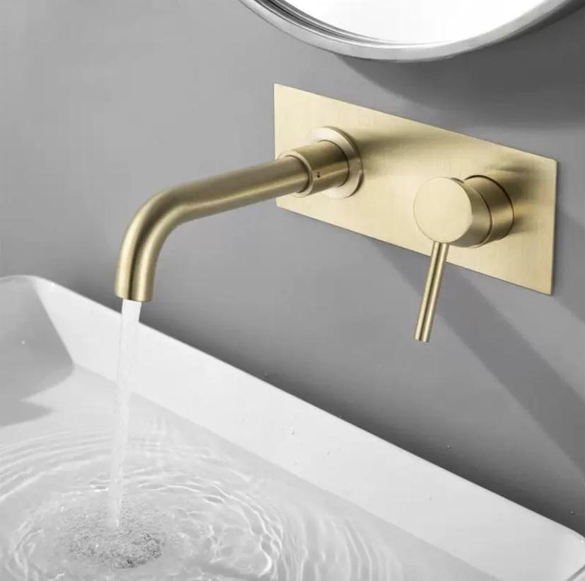 Brushed Nickel Wall-Mounted Basin Faucet with Brass Swivel Spout and Built-in Hot/Cold Controls