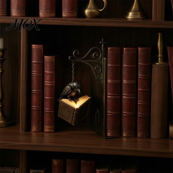 Halloween-Thema Buch-Organizer Gotische Metall-Buchstützen mit Hängeleuchte, Katze Rabe Geist Dekorativ Schwarz Heimdeko Bücherregal Lampe, Vintage