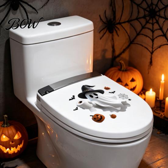 Waterproof Halloween Wall Stickers Toilet Sticker, Ghost And Skeleton Print Decals, PVC Easy Bathroom Decals Peel Stick Spooky Stickers, for