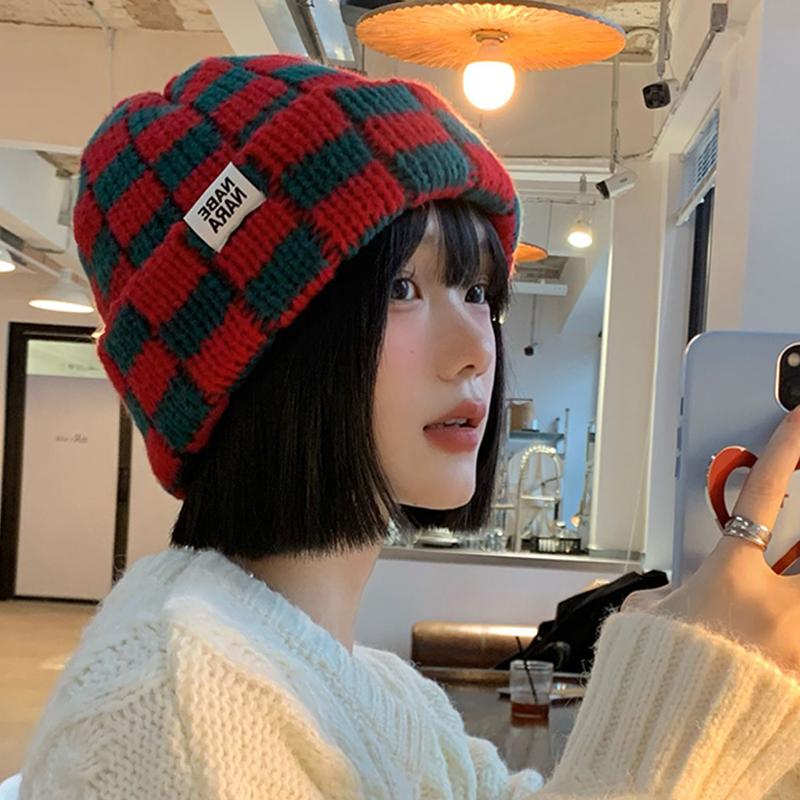 Checkerboard Plaid Knitted Hat For Women Autumn And Winter Korean Style Wool Hat Japanese Style Face-Enhancing Small Hat