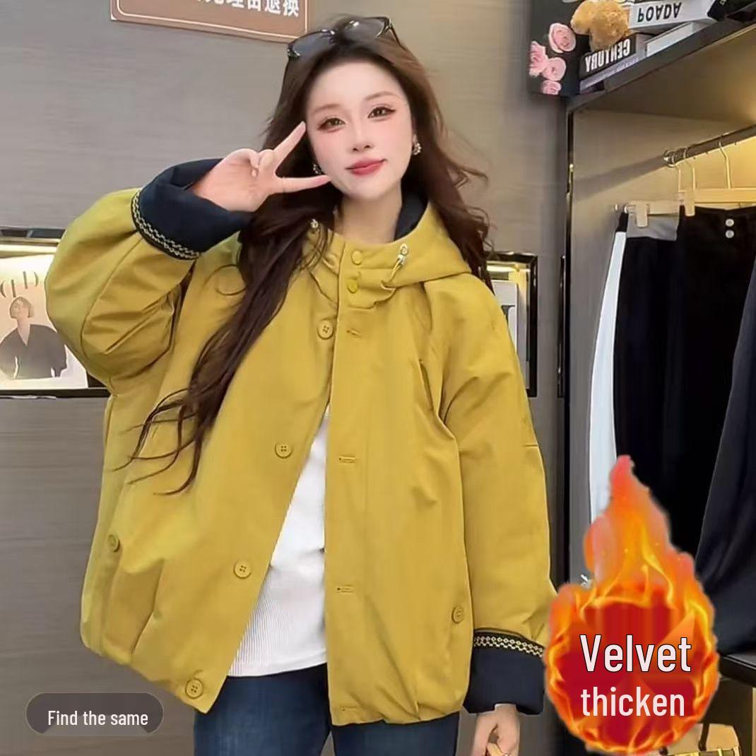 

Fleece-Lined Color Block Korean Style Hooded Jacket - Autumn/Winter 2025 Collection Small, 80-110 lbs