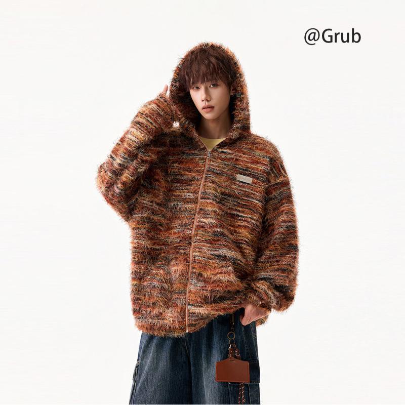 Unisex Gradient Striped Hooded Sweatshirt - Retro Winter Cardigan Style with Oil Painting Knit Design