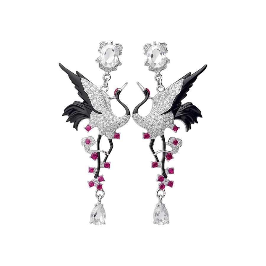 Silver Needle Rhinestone Crane Geometric Drop Earrings for Women