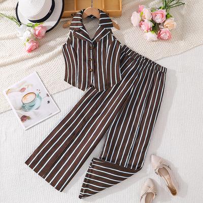 Girls' Fashion Set - Summer Children's Simple Striped Top + Pants Set