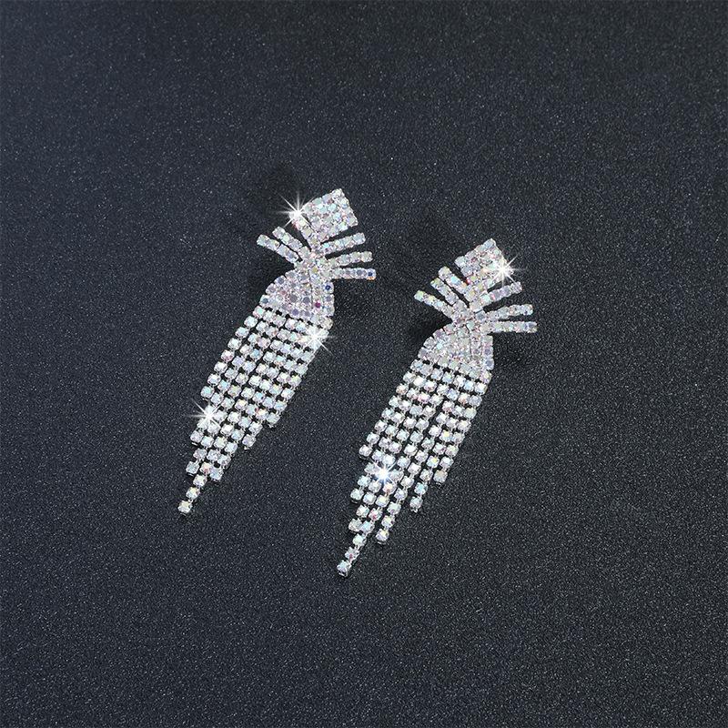 Simple and versatile face small AB diamond long fringed earrings