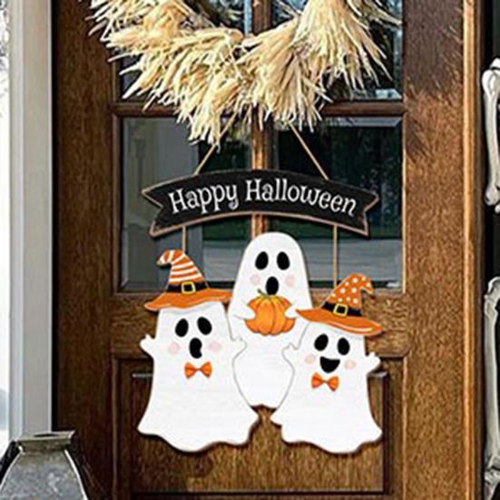 

Yousheng Halloween Wooden Door Sign Spooky Pumpkin Ghost Black Cat Door Hanger Front Door Wall Hanging Welcome Plaque Indoor Outdoor Decoration
