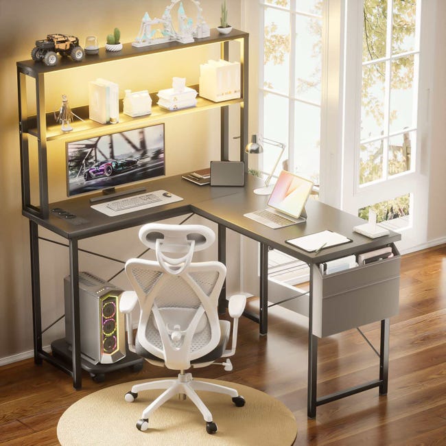 135 cm L-Shaped Desk with LED Lights and Power Outlets, Double Gaming Desk with Shelves, PC Stand, Hooks, and Storage Bag for Home Office