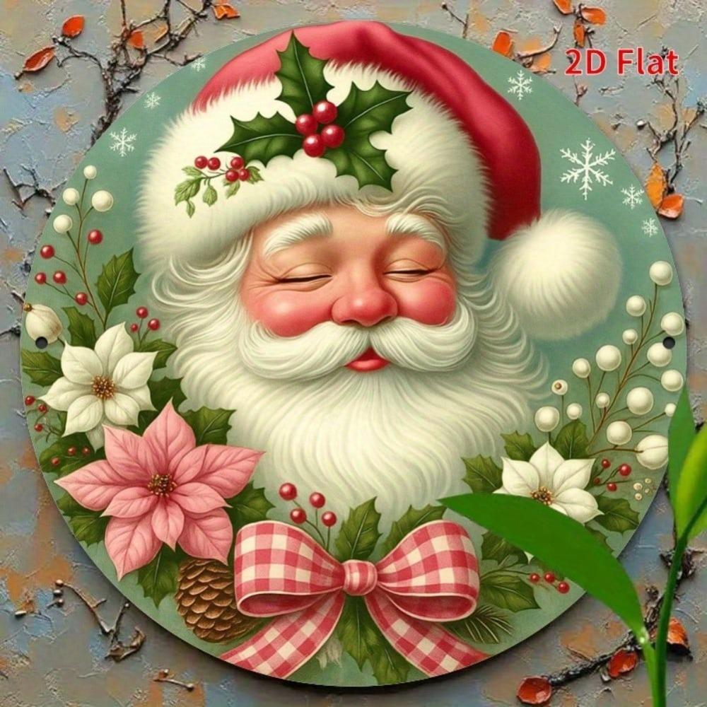 Christmas Santa Wreath Metal Wall Decor Red Bow Holly Poinsettia Round Iron Sign Farmhouse Garden Holiday Home Decoration