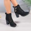 Fashion Fall New Block Heel Single Boots Women's Fashion Round Toe Metal Buckle Front Lace-Up Platform Non-Slip Short Boots