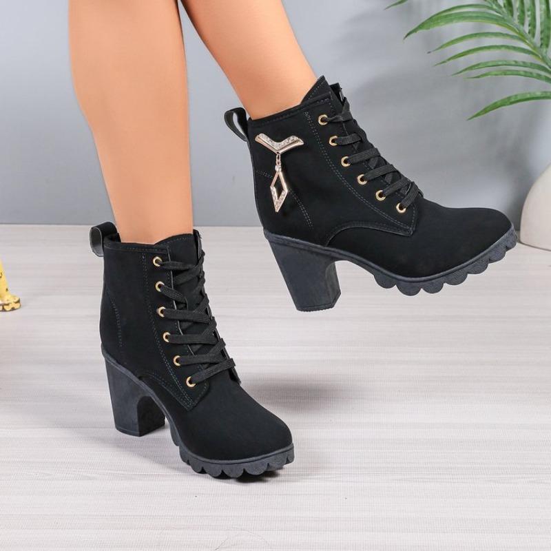 Fashion Fall New Block Heel Single Boots Women's Fashion Round Toe Metal Buckle Front Lace-Up Platform Non-Slip Short Boots