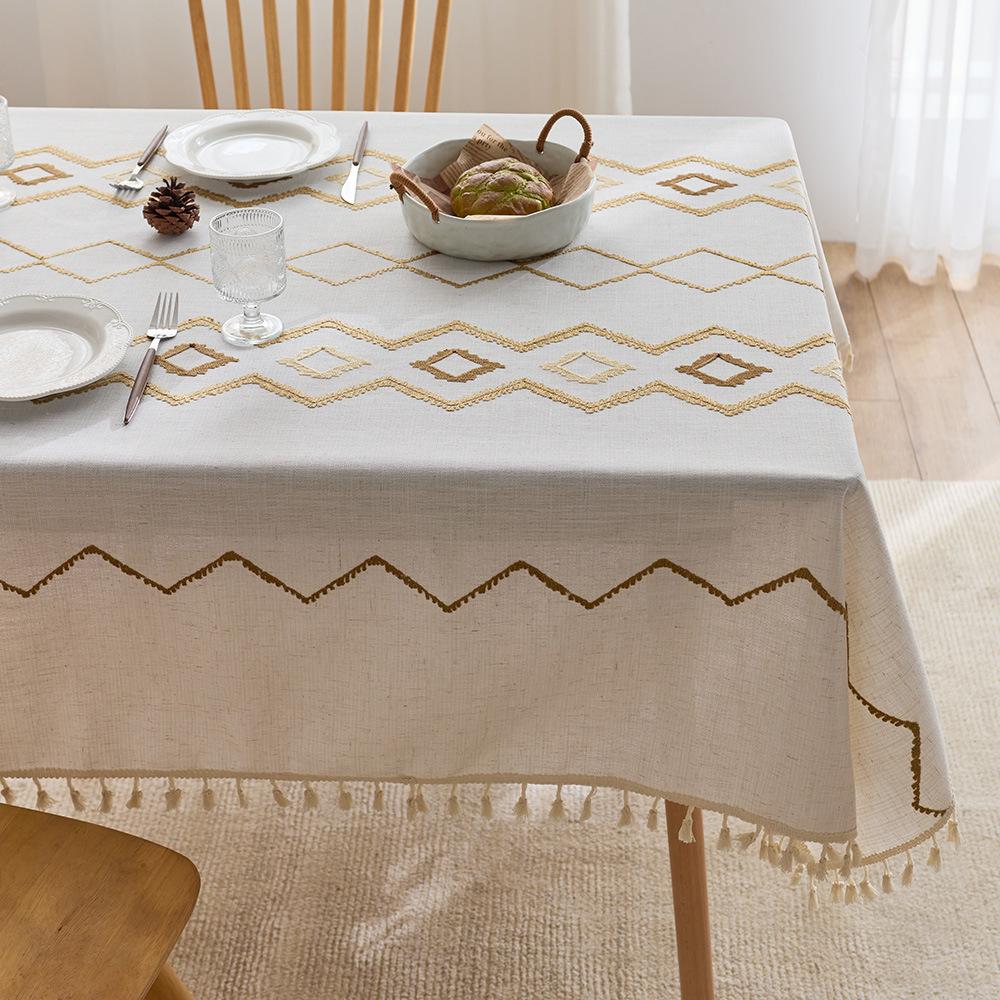 High-grade Embroidered Dining Table Cloth, Coffee Table Cotton and Linen Wind Fabric, Geometric Pattern French Embroidery, High-grade New Tablecloth