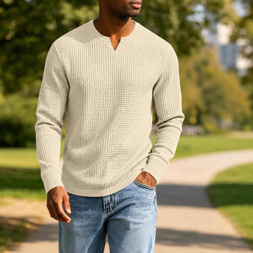 Men's Casual V-Neck Long Sleeve Shirt Loose Fit Top
