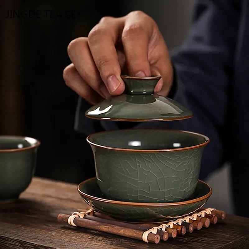 Traditional Ice Cracked Ceramics Gaiwan Home Teacup Travel Tea Bowl Teaware Accessories Drinkware Personal Cup 140ml