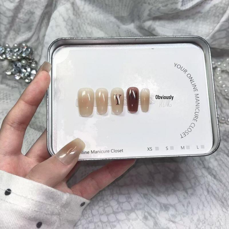 

Gradient Nude Milk Tea Color Press-On Nails with Letters M (for fuller hands or taller individuals)