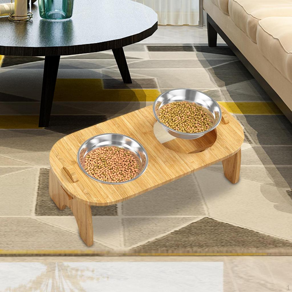 Elevated Bowls Raised Cat Feeder Durable with Bamboo Stand 15° Tilted Pet for