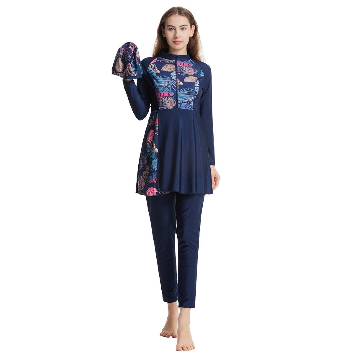 

Женский купальник с принтом, мусульманский купальный костюм с кепкой, купальник с длинными рукавами, купальный костюм с полным покрытием, 3 предмета, защита от солнца XXXL темно-синий