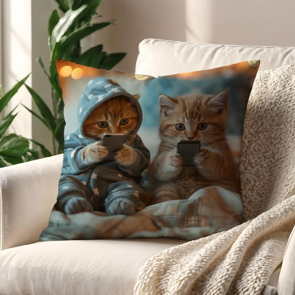 Cute cat holding phone cushion cover For Pillow Sofa Printing Decoration Room Home Office Coffee Shop Car Nordic Simplicity