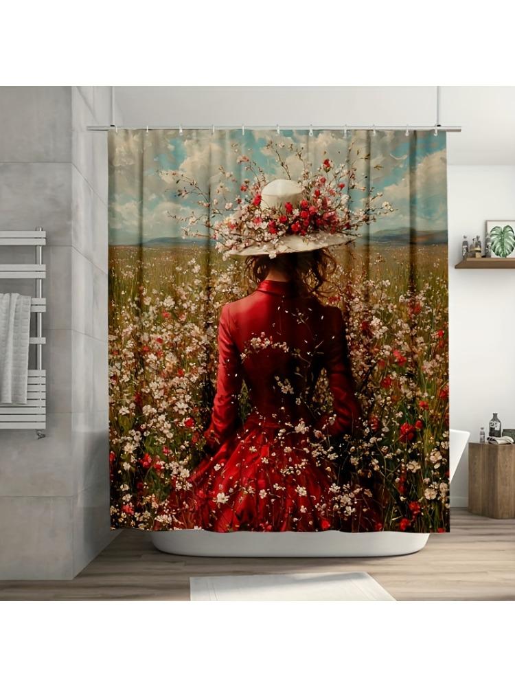 

Springtime Elegance Floral Shower Curtain - Red Dress & Hat, Durable Polyester, Easy Clean W60H190(CM)-1 Pcs