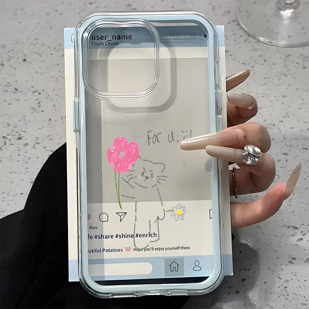 Cute Cat Flower Clear Phone Case For iPhone 11 12 13 14 15 16 17 Pro Max 17 Air Plus 2 In 1 Candy Color Silicone Soft Cover