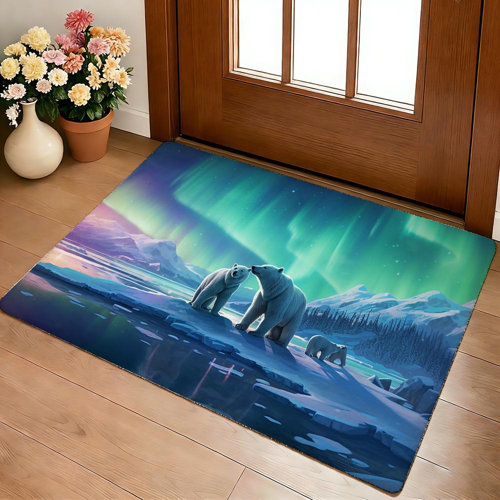 Polar Bear With Northern Lights Floor Mat Cozy Flannel Soft Thick Non-Slip Mat For Living Room Bedroom Kitchen Decor Rugs
