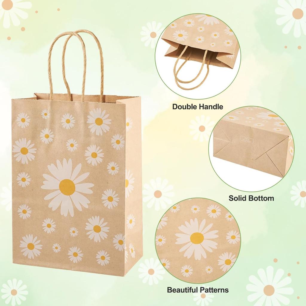 Cheriswelry 12Pcs Kraft Paper Bags Daisy Flower Paper Gift Bags Brown Shopping Bags with Handles 20.1x14.8x0.2cm for Wedding Party Favors Packaging
