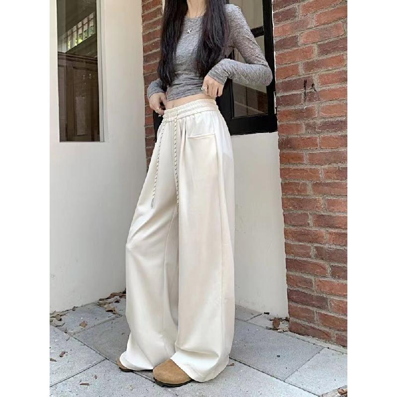 New solid color wide-leg pants, loose and drapey casual long pants for women, autumn drawstring straight pants