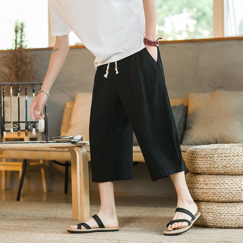Men's Cropped Chinese Style Linen Shorts - Summer Wide-Leg 7-Point Casual Trousers