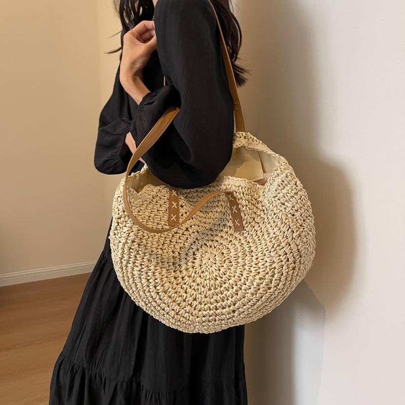 Dali Tong Travel Straw Bag Stylish and Simple Casual Shoulder Women's Bag Beach Vacation Bag Large Capacity Tote Bag