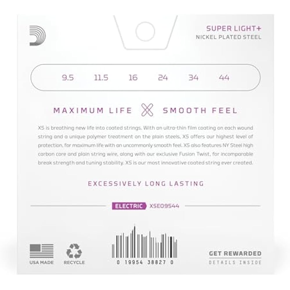 D'Addario Daddario Electric Guitar Strings XS Coated Strings Nickel Super Light Plus .0095-.044 X...