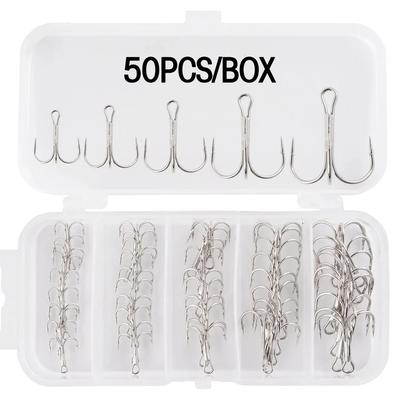 50 pezzi/scatola Amo da pesca triplo Amo da pesca Acciaio al carbonio alto Ami tripli rovesciati Attrezzatura da pesca Triplo ad anello per spigola