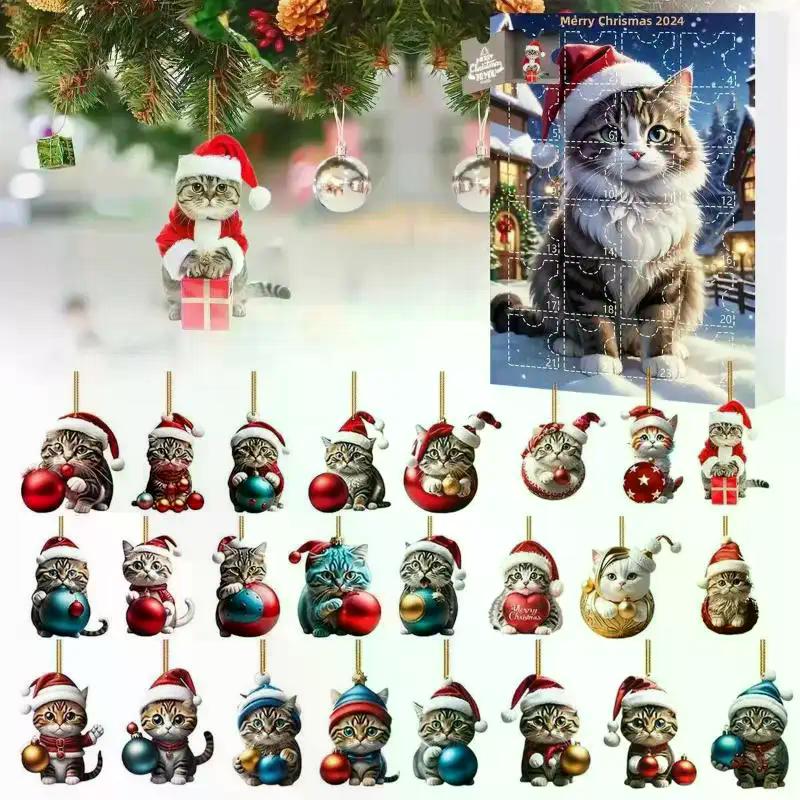 Calendario dell'Avvento per Gatti – Conto alla Rovescia di Natale di 24 Giorni con Carini Ornamenti di Gattini, Ciondoli ad Albero per Gatti in Acrilico, Decorazione Festiva Regalo