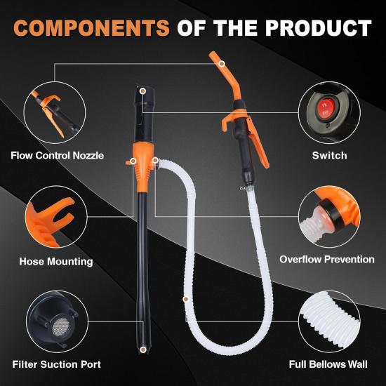 Portable Power Battery Pump, Fuel Transfer Pump Battery Operated Electric Siphon Pump For Gas, Fuel, Diesel, Water Transfer 2.4 GPM, Extra Long Hose,