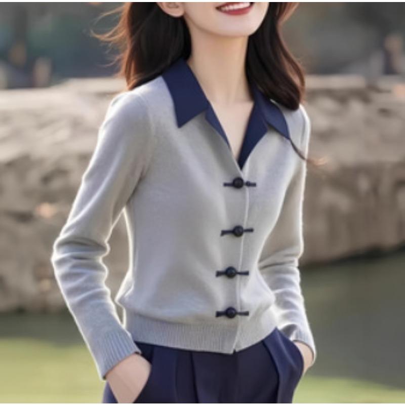 Grauer Reverspullover Gestrickte Strickjacke Damen Neu Frühling und Herbst Kleidung High-End Oberteil