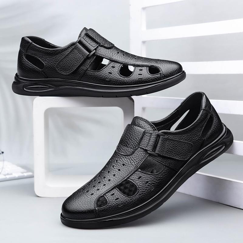 Fashion Summer Classic Black Hollow Out Leather Shoes Breathable and Comfortable Business Daily Hiking Shoes Middle Aged  Casual Shoes