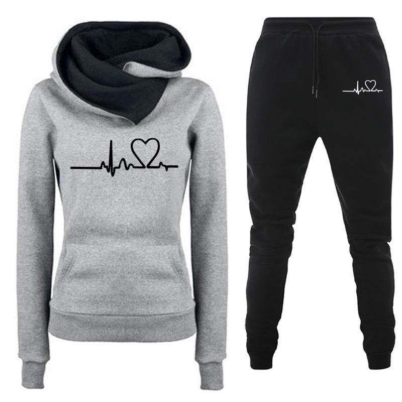 Women's Heartbeat Print Hoodie & Sweatshirt Sportswear Set - Spring/Autumn Casual Style
