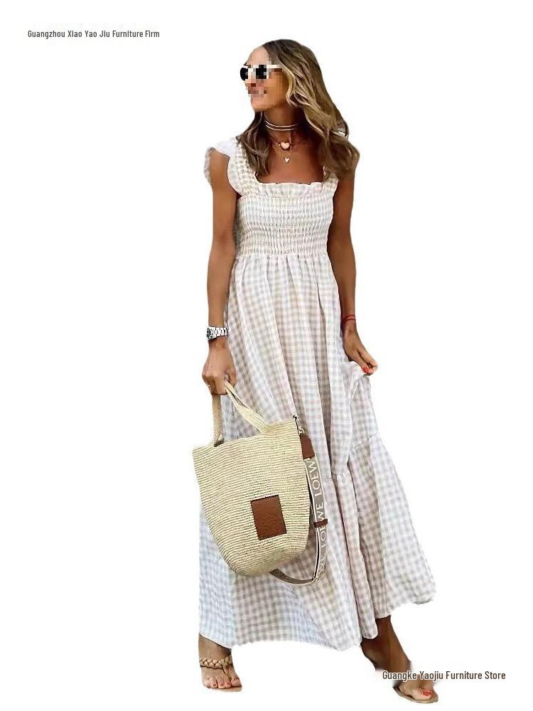European American Women's Retro Plaid Sleeveless Maxi Dress with Thin Straps & Ruffles