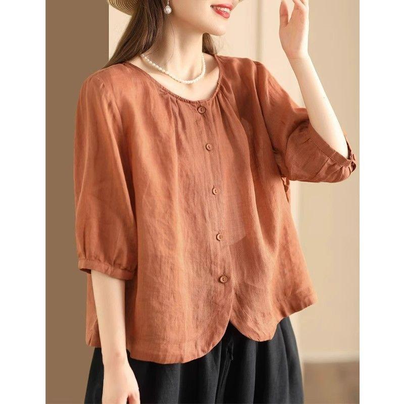 Cotton and Linen Solid Color Simple Crew Neck Shirt Loose Women's Clothing Summer New Loose Versatile Temperament Cardigan Top