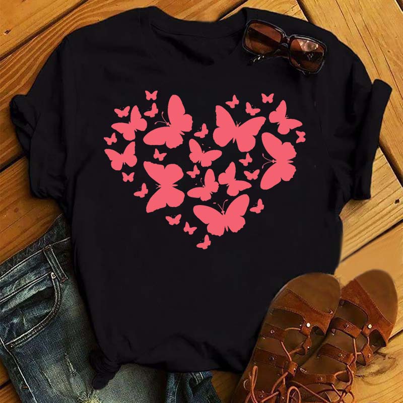 Watercolor Butterfly Heart Printed T Shirt New Women Black T Shirt Harajuku Cute Graphic Tee Shirt Ladies Casual Female Tops Tee