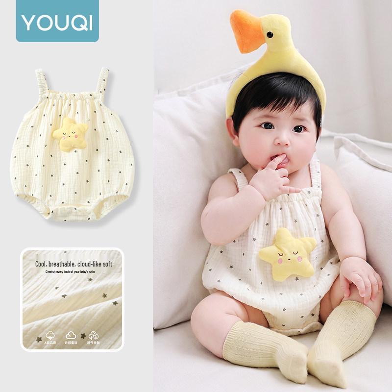 Youqi Newborn Summer Triangle Romper - Thin Style Baby Bodysuit with Straps, Class A, Size 6