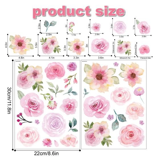 4 Sheets Flowers Wall Decals Watercolor Peony Floral Leaves Wall Stickers Peel And Stick Wall Decor for Girls Bedroom Nursery Classroom Living Room