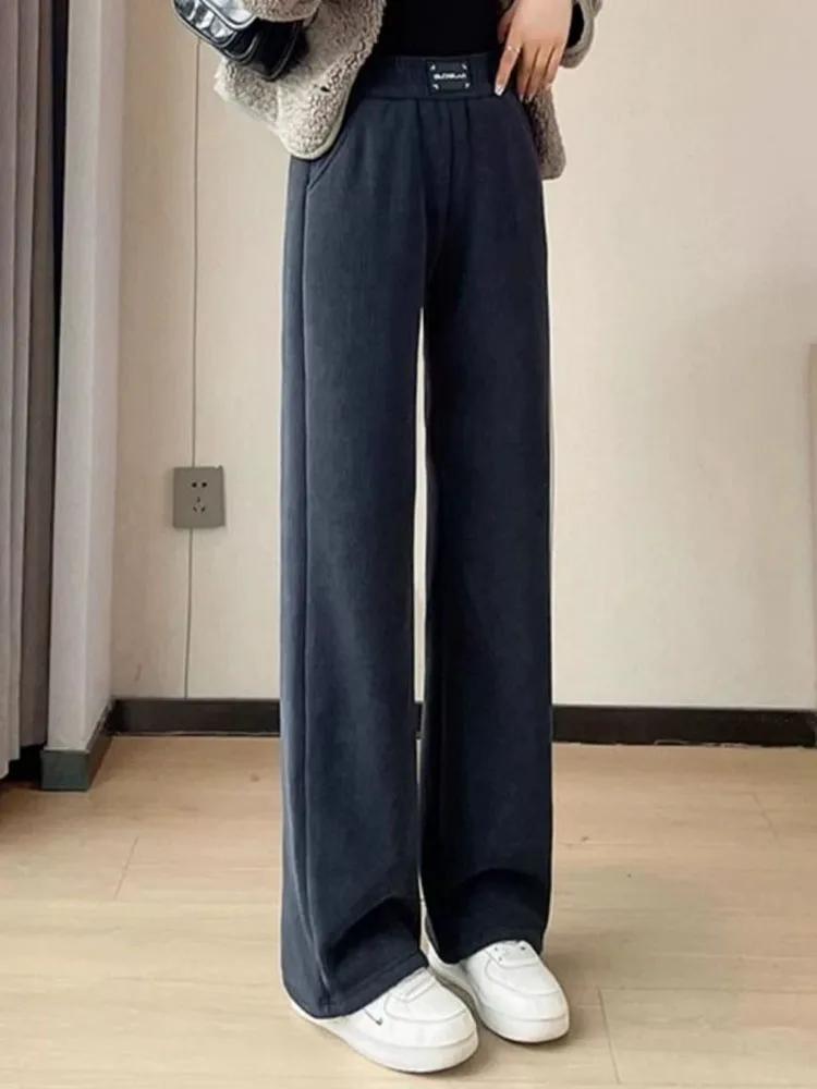 Pantaloni calduri din lână de miel îngroșați de iarnă pentru femei, ocazional, elastic, cu talie înaltă, pantaloni vintage cu picioare largi, design nou, pantaloni largi, chic, pentru exterior