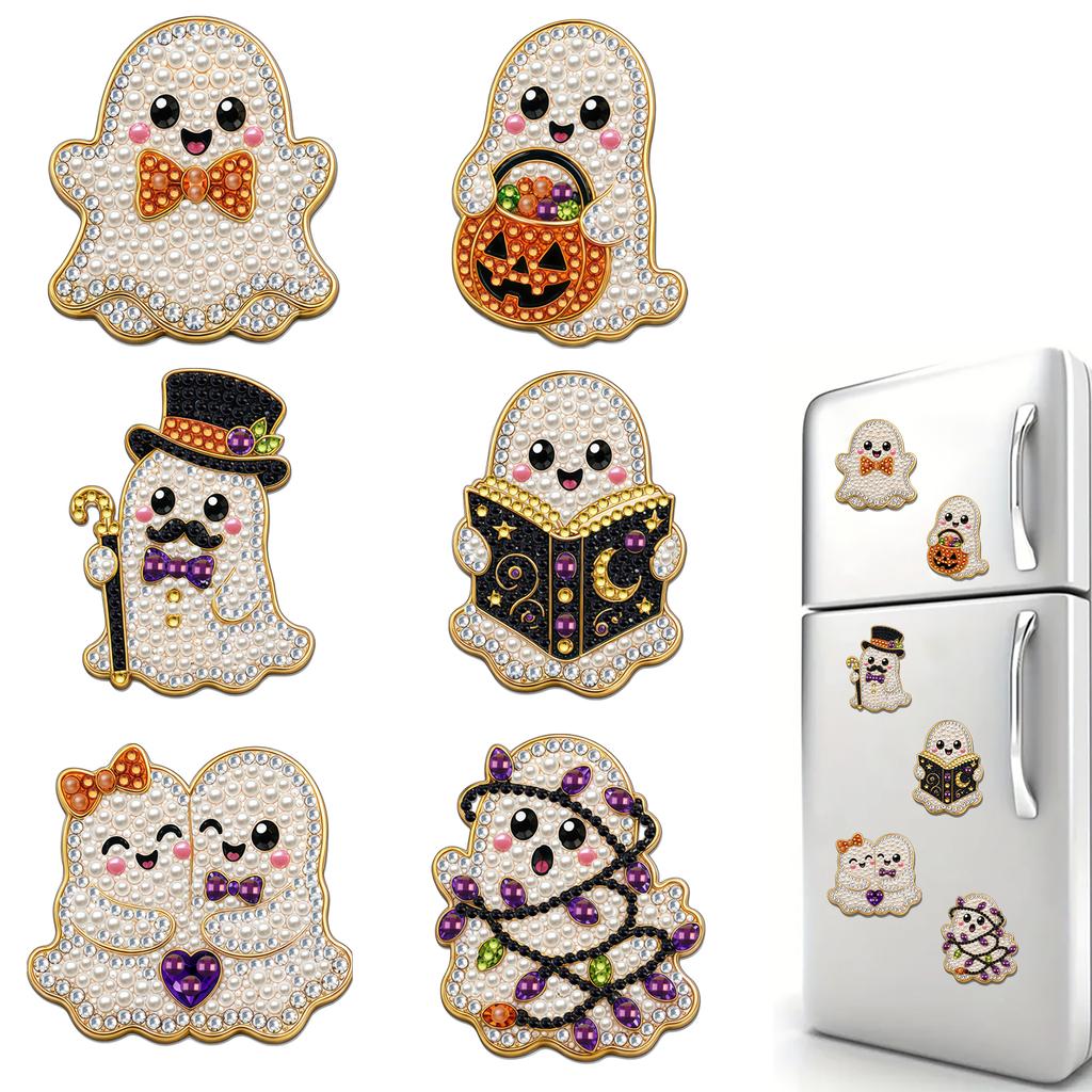 Halloween DIY Pearl Diamond Acrylic Fridge Magnets 6Pcs Painting Kit Ghost Pumpkin Witch Decor