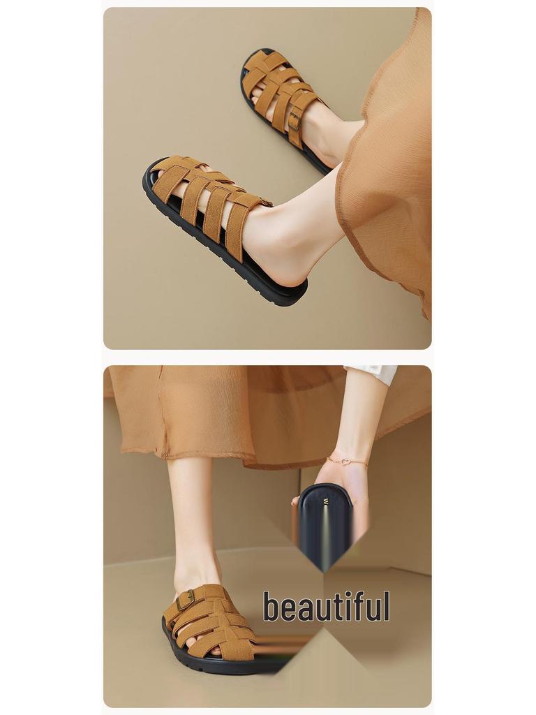 Weiwei Girl Women's French Retro Pointed Toe Woven Roman Slippers Sandals for Summer