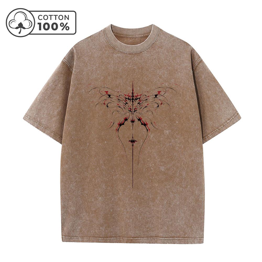 Mens Unique Line Butterfly Print Washed T Shirt Distressed Retro Casual Loose Pure Cotton Short Sleeved Summer Commuter Top