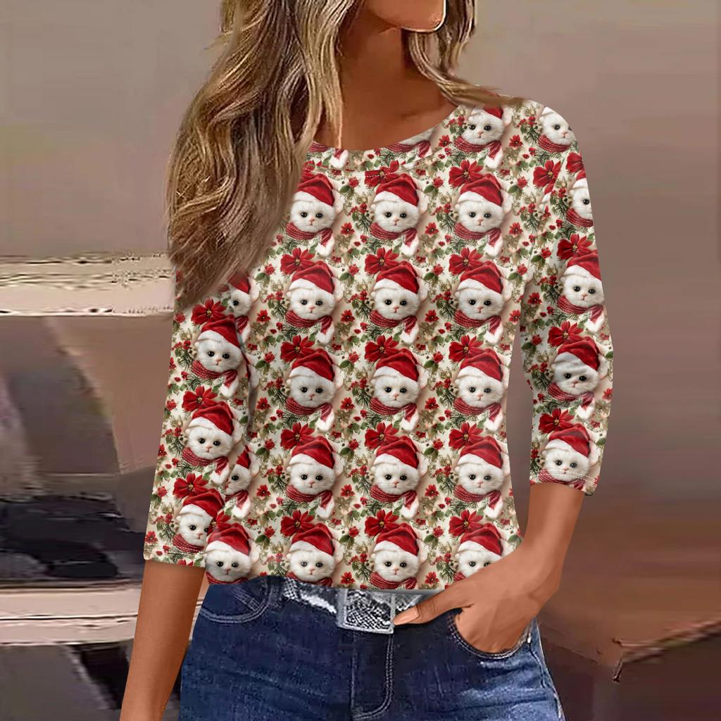 Women's Fashionable Casual Three Quarter Sleeve Christmas Printed Round Neck Top