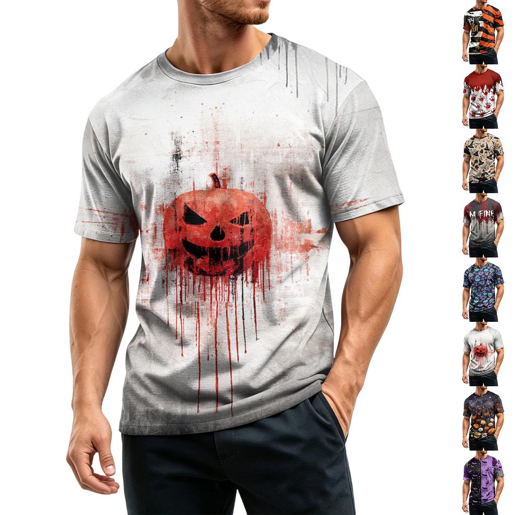 Men's Casual Quick-Dry Breathable Mesh Short Sleeve T-Shirt Lightweight Round Neck Top Halloween Print Design Suitable for Outdoor Activities