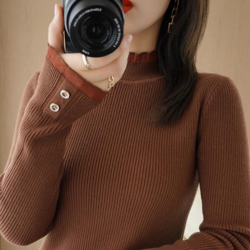 Knitted Sweater Autumn and Winter New Semi High Neck Sweater Women's Pullover Long Sleeved Slim Button Top