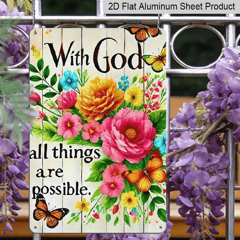 2D Flat 1pc Vintage Metal Wall Art Sign "with God All Things Are Possible" - Floral & Butterfly Bible Verse Decor, 12x8 Inch Rustic Farmhouse
