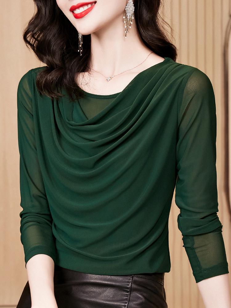 2023 Black Mesh Lace Top: Women's Fashionable Spring & Autumn Bottoming Shirt